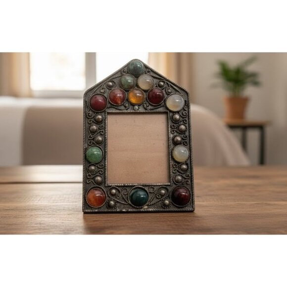 Belle Maison Moonstone Carnelian Jasper Turquoise Metal Photo Frame 4x3" - Picture 1 of 7